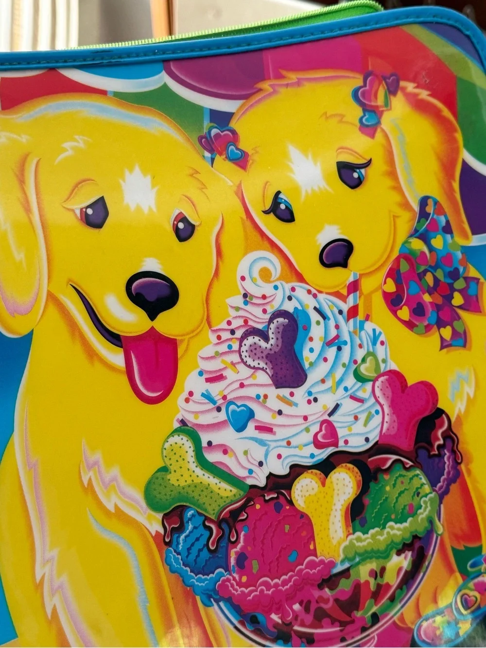 Vintage rare Lisa Frank Bright golden retriever Puppy Ice Cream Zip Binder